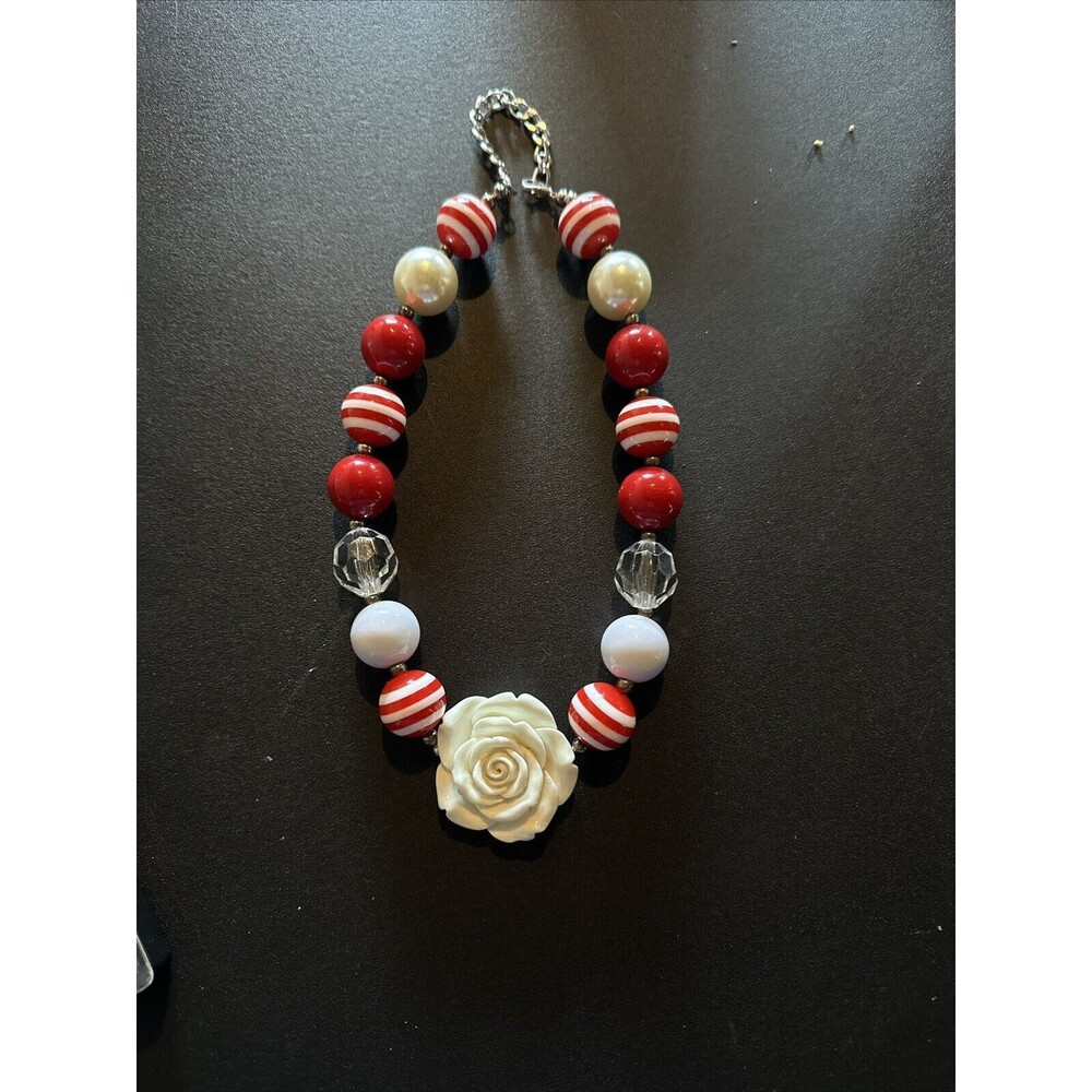 Scarlet Red White Striped  Rose Beaded Necklace Chunky Girl Jewelry Christmas